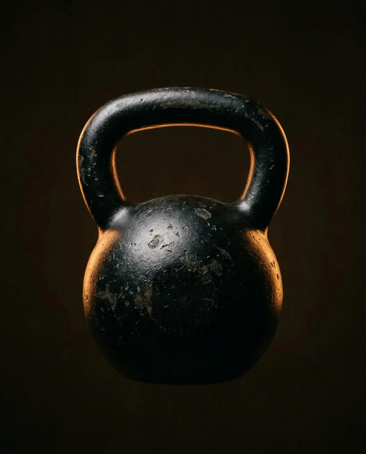 Worn cast-iron competition kettlebell lit against a dark background