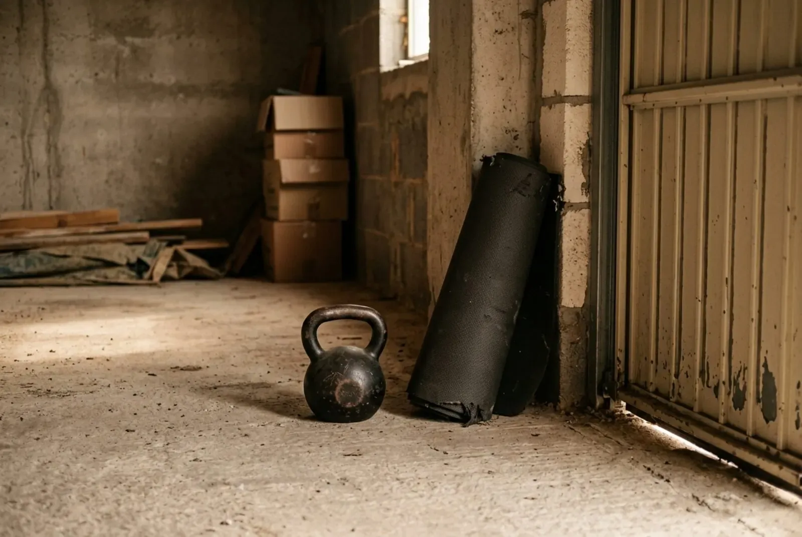 Single kettlebell and rolled training mat in a concrete space